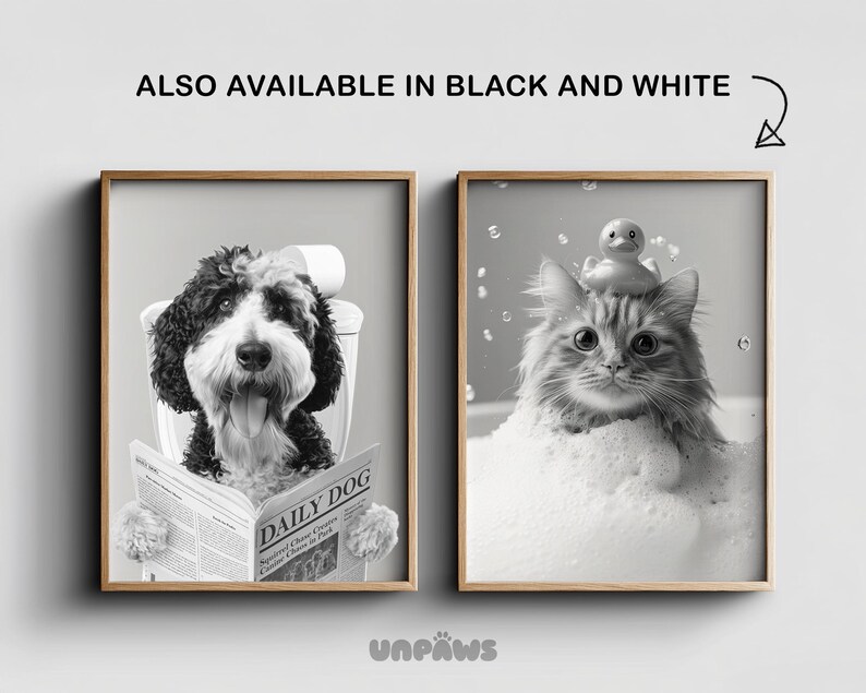 Perro leyendo el periódico en el inodoro, retrato personalizado de mascota, póster divertido para el baño, perro en el inodoro, regalo para dueño de mascota, póster personalizado para el baño de mascotas imagen 11