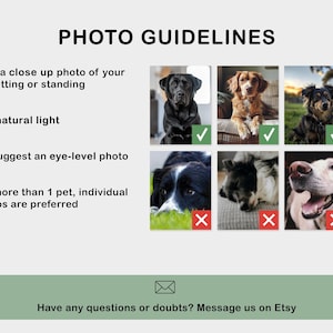 May include: A graphic with photo guidelines for pet portraits. It advises taking a close-up photo of a pet sitting or standing, using natural light, and an eye-level perspective. Examples of good and bad photos are shown.
