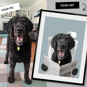 Individuelles Hunde Portrait Badezimmer, Hund Badezimmer Kunst, Haustier Besitzer Geschenk, Lustiges Badezimmer Poster, Hund in Toilette, Hund liest Zeitung auf Toilette Bild 4