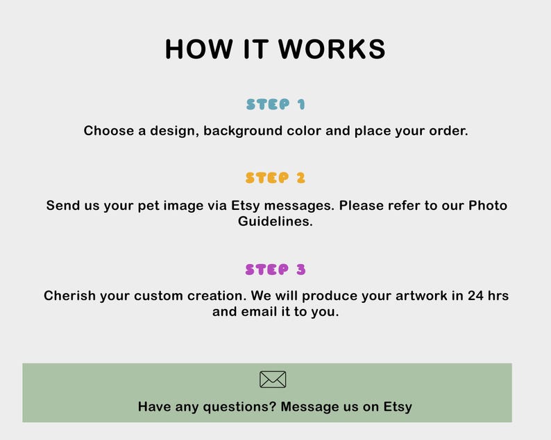May include: A graphic with three steps on how to order a custom pet portrait. Step 1: Choose a design, background color, and place your order. Step 2: Send your pet image via Etsy messages. Step 3: Cherish your custom creation. We will produce your artwork in 24 hours and email it to you. Have any questions? Message us on Etsy.