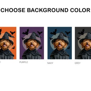 May include: A brown dog wearing a black witch hat and costume against a background of orange, purple, navy, and grey. The dog is smiling and has a black bat on each side of its head. The text "Choose Background Color" is at the top of the image.