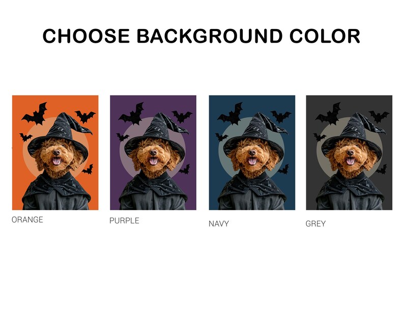 May include: A brown dog wearing a black witch hat and costume against a background of orange, purple, navy, and grey. The dog is smiling and has a black bat on each side of its head. The text "Choose Background Color" is at the top of the image.