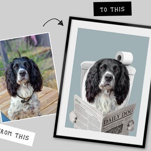 Perro leyendo el periódico en el inodoro, retrato personalizado de mascota, póster divertido para el baño, perro en el inodoro, regalo para dueño de mascota, póster personalizado para el baño de mascotas imagen 7