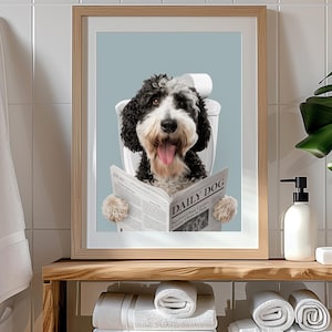 Arte para cachorro no banheiro, pôster engraçado para animais de estimação, cachorro lendo jornal no vaso sanitário, retrato personalizado para animais de estimação, cachorro no vaso sanitário, presente para donos de animais de estimação Arte personalizada para cachorro