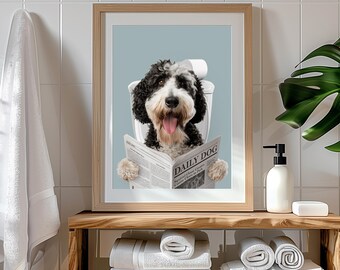 Dog Reading Newspaper on Toilet, Bathroom Dog Art, Funny Pet Poster, Custom Pet Portrait, Dog in Toilet, Pet Owner Gift Personalized dog art