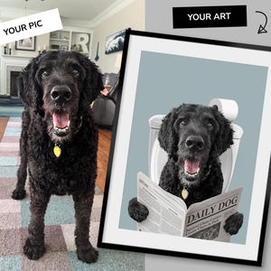 Retrato personalizado de mascota, Arte para el baño de perros, Póster divertido para el baño, Perro en el inodoro, Perro leyendo el periódico en el inodoro, Regalo para dueños de mascotas imagen 9