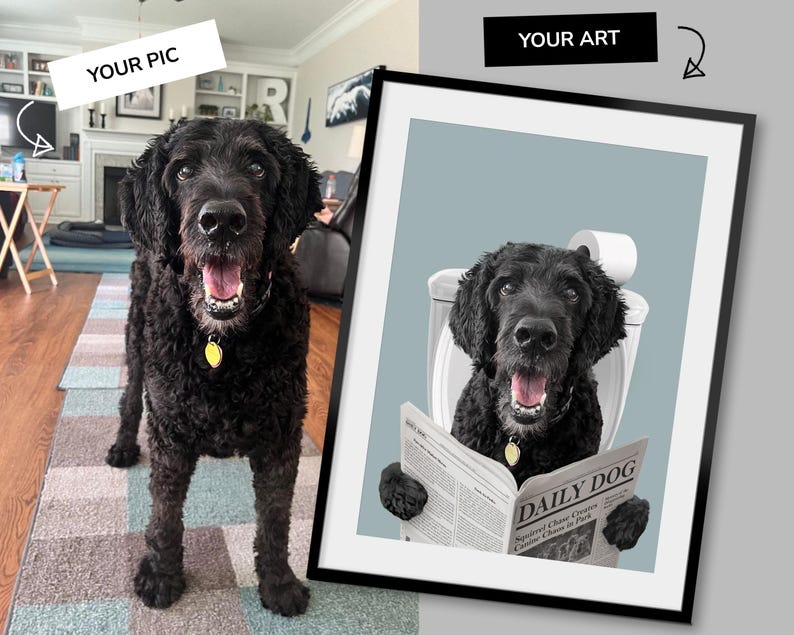 Retrato personalizado de mascota, Arte para el baño de perros, Póster divertido para el baño, Perro en el inodoro, Perro leyendo el periódico en el inodoro, Regalo para dueños de mascotas imagen 9