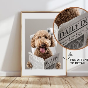 K&ouml;nnte beinhalten: Ein brauner und wei&szlig;er Hund sitzt auf einer Toilette und liest eine Zeitung mit dem Titel "Daily Dog" mit der Schlagzeile "Squirrel Chase Creates Canine Chaos in Park".
