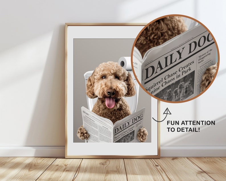 K&ouml;nnte beinhalten: Ein brauner und wei&szlig;er Hund sitzt auf einer Toilette und liest eine Zeitung mit dem Titel "Daily Dog" mit der Schlagzeile "Squirrel Chase Creates Canine Chaos in Park".