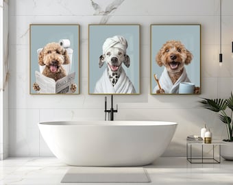 Dog Bathroom Portrait, Custom Pet Portrait, Dog Reading Newspaper on Toilet, Custom Dog Art Toilet, Funny Dog Bathroom Poster, Dog in Toilet