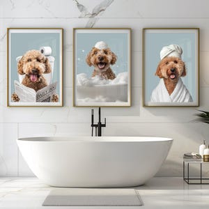 Individuelles Hunde Portrait Badezimmer, Hund Badezimmer Kunst, Haustier Besitzer Geschenk, Lustiges Badezimmer Poster, Hund in Toilette, Hund liest Zeitung auf Toilette