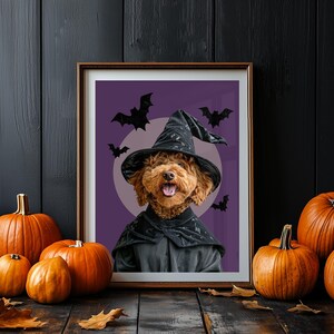 May include: A brown dog wearing a black witch hat and a black robe with a purple background and bats flying around a full moon.