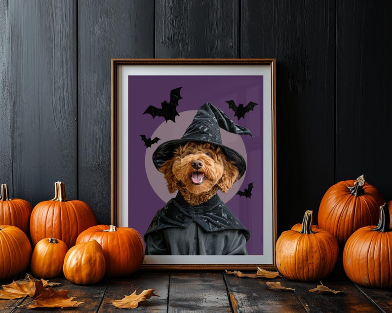 May include: A brown dog wearing a black witch hat and a black robe with a purple background and bats flying around a full moon.