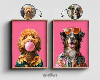 Dog Portraits, Custom Pet Poster From Photo, Customized Cat Wall Art, Hawaii Theme Print For Animals, My Pet Portrait, Unpaws Printable