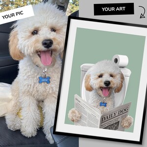 Perro leyendo el periódico en el inodoro, retrato personalizado de mascota, póster divertido para el baño, perro en el inodoro, regalo para dueño de mascota, póster personalizado para el baño de mascotas imagen 8