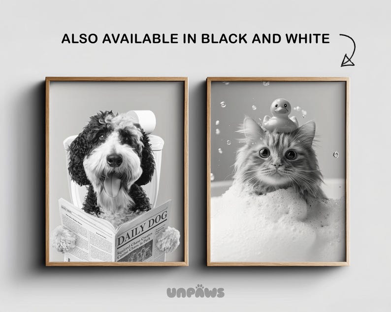 Retrato personalizado de mascota, Arte para el baño de perros, Póster divertido para el baño, Perro en el inodoro, Perro leyendo el periódico en el inodoro, Regalo para dueños de mascotas imagen 2