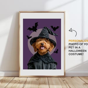 May include: A personalized photo of a dog dressed as a witch for Halloween. The dog is wearing a black witch hat and a black robe. The background is purple with bats and a full moon.