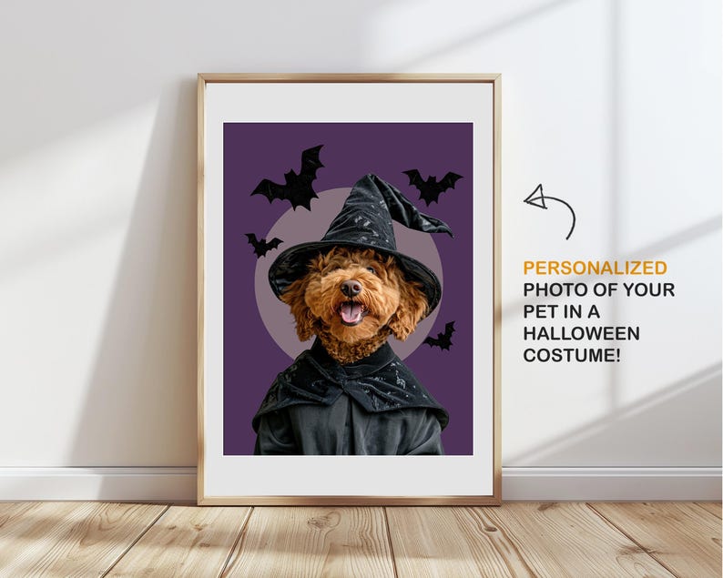 May include: A personalized photo of a dog dressed as a witch for Halloween. The dog is wearing a black witch hat and a black robe. The background is purple with bats and a full moon.