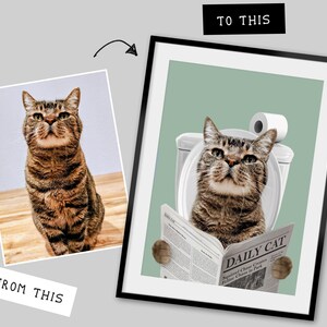 Perro leyendo el periódico en el inodoro, retrato personalizado de mascota, póster divertido para el baño, perro en el inodoro, regalo para dueño de mascota, póster personalizado para el baño de mascotas imagen 5
