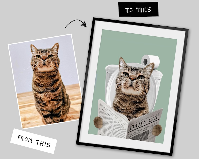 Perro leyendo el periódico en el inodoro, retrato personalizado de mascota, póster divertido para el baño, perro en el inodoro, regalo para dueño de mascota, póster personalizado para el baño de mascotas imagen 5