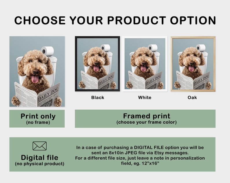 May include: Image featuring a dog sitting on a toilet, reading a newspaper with the headline "DAILY DOG." Options include print only, framed prints in black, white, and oak frames, and a digital file. Text reads "CHOOSE YOUR PRODUCT OPTION."