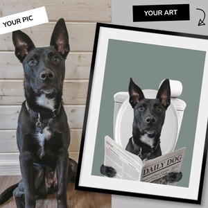Individuelles Hunde Portrait Badezimmer, Hund Badezimmer Kunst, Haustier Besitzer Geschenk, Lustiges Badezimmer Poster, Hund in Toilette, Hund liest Zeitung auf Toilette Bild 11