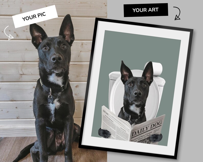 Individuelles Hunde Portrait Badezimmer, Hund Badezimmer Kunst, Haustier Besitzer Geschenk, Lustiges Badezimmer Poster, Hund in Toilette, Hund liest Zeitung auf Toilette Bild 11