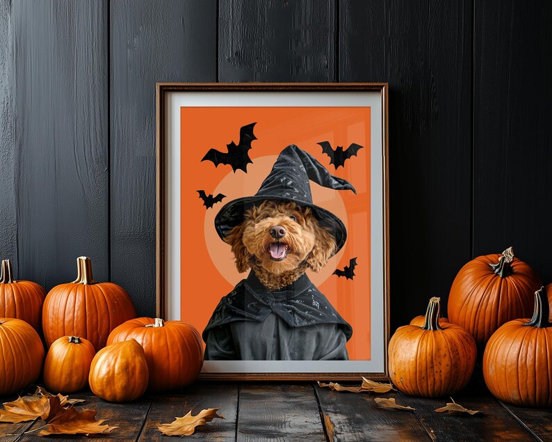 May include: A brown dog wearing a black witch hat and a black cape, with a backdrop of an orange background with black bats. The dog is surrounded by pumpkins.