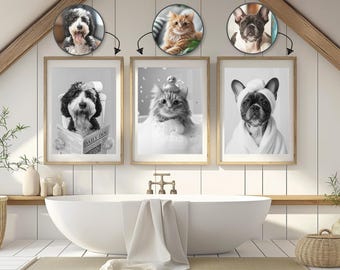 Custom Pet Portrait Black And White, Dog Bathroom Photos, Unpaws Posters, Cat Bathroom Art, Personalized Gift For Pet Owner.