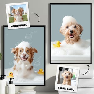 May include: Two framed dog portraits, one with a dog in a bubble bath with a rubber duck, and another with a dog in a photo. The words "YOUR PHOTO" are printed on the photos.