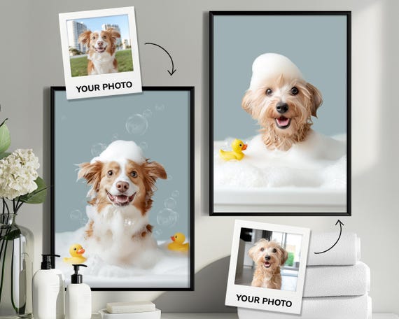 Custom Pet Portraits in Bathtub, Dog Bathroom Art, Pet in Bathtub, Dog in Toilet, Custom Pet Portrait For Bathroom, Funny Pet Portraits