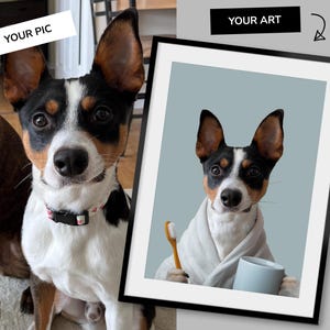 Retrato personalizado de mascota, Arte para el baño de perros, Póster divertido para el baño, Perro en el inodoro, Perro leyendo el periódico en el inodoro, Regalo para dueños de mascotas imagen 5