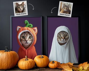 Halloween Cat Custom Portrait,  Ghost Pet Portrait, Halloween Custom Pet Portraits, Pumpkin Cat Portrait For Halloween, Funny Pet Portraits