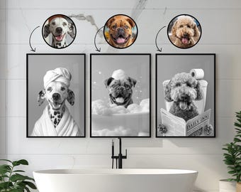 Dog Bathroom Art, Black and white Pet Portraits, Pet Bathroom Art, Custom Dog Portrait, Funny Pet Portrait Bathroom, Dog on Toilet Poster