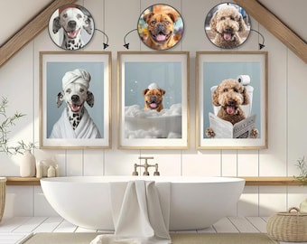 Custom Pet Portrait, Dog Bathroom Art, Funny Bathroom Poster, Dog in Toilet, Dog Reading Newspaper on Toilet, Pet Owner Gift
