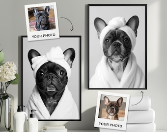 Black and White Custom Pet Portraits, Dog Bathroom Art, Pet in Bathtub, Dog in Toilet, Custom Pet Portrait For Bathroom, Funny Pet Portraits