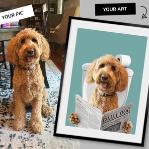 Individuelles Hunde Portrait Badezimmer, Hund Badezimmer Kunst, Haustier Besitzer Geschenk, Lustiges Badezimmer Poster, Hund in Toilette, Hund liest Zeitung auf Toilette Bild 12