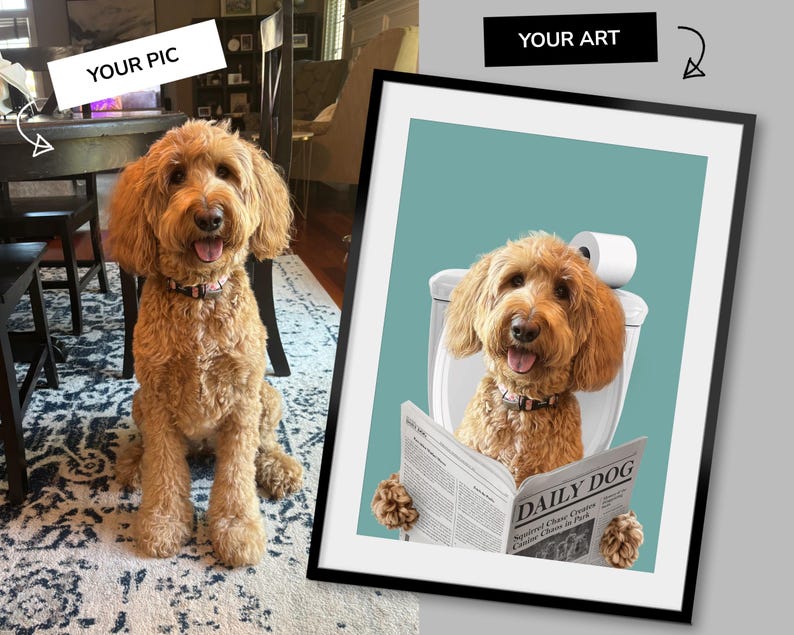Individuelles Hunde Portrait Badezimmer, Hund Badezimmer Kunst, Haustier Besitzer Geschenk, Lustiges Badezimmer Poster, Hund in Toilette, Hund liest Zeitung auf Toilette Bild 12