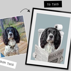 Individuelles Hunde Portrait Badezimmer, Hund Badezimmer Kunst, Haustier Besitzer Geschenk, Lustiges Badezimmer Poster, Hund in Toilette, Hund liest Zeitung auf Toilette Bild 7