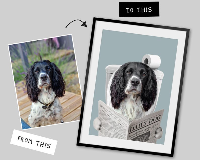 Individuelles Hunde Portrait Badezimmer, Hund Badezimmer Kunst, Haustier Besitzer Geschenk, Lustiges Badezimmer Poster, Hund in Toilette, Hund liest Zeitung auf Toilette Bild 7