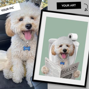Retrato personalizado de mascota, Arte para el baño de perros, Póster divertido para el baño, Perro en el inodoro, Perro leyendo el periódico en el inodoro, Regalo para dueños de mascotas imagen 6