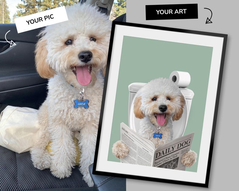 Retrato personalizado de mascota, Arte para el baño de perros, Póster divertido para el baño, Perro en el inodoro, Perro leyendo el periódico en el inodoro, Regalo para dueños de mascotas imagen 6