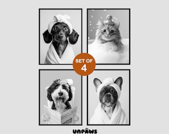 Pet Bathroom Art,Custom Pet Portraits, Personalized Dog Portraits,Dog Reading Newspaper on Toilet,Dog In Toilet,Cat in Bathtub,Pet Gifts