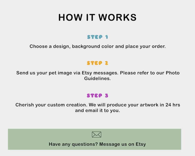 K&ouml;nnte beinhalten: So bestellen Sie ein individuelles Haustierportr&auml;t. W&auml;hlen Sie ein Design, eine Hintergrundfarbe und geben Sie Ihre Bestellung auf. Senden Sie ein Bild Ihres Haustiers &uuml;ber Etsy-Nachrichten. Der Verk&auml;ufer erstellt das Kunstwerk und sendet es Ihnen innerhalb von 24 Stunden per E-Mail.