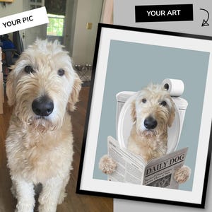 Retrato personalizado de mascota, Arte para el baño de perros, Póster divertido para el baño, Perro en el inodoro, Perro leyendo el periódico en el inodoro, Regalo para dueños de mascotas imagen 7