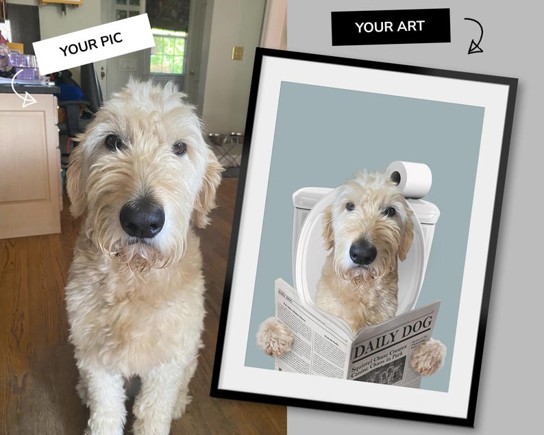 Retrato personalizado de mascota, Arte para el baño de perros, Póster divertido para el baño, Perro en el inodoro, Perro leyendo el periódico en el inodoro, Regalo para dueños de mascotas imagen 7