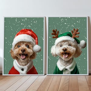 Conjunto de 2 retratos navideños de perros, retratos de mascotas personalizados, retratos de mascotas a partir de fotografías, regalos para dueños de mascotas, retratos navideños de mascotas, arte navideño para perros