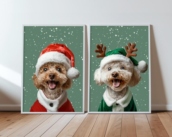 Set of Christmas Dog Portrait, Custom Pet Portrait, Pet Portrait