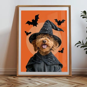 May include: A brown dog wearing a black witch hat and a black cape with a bright orange background and black bats.
