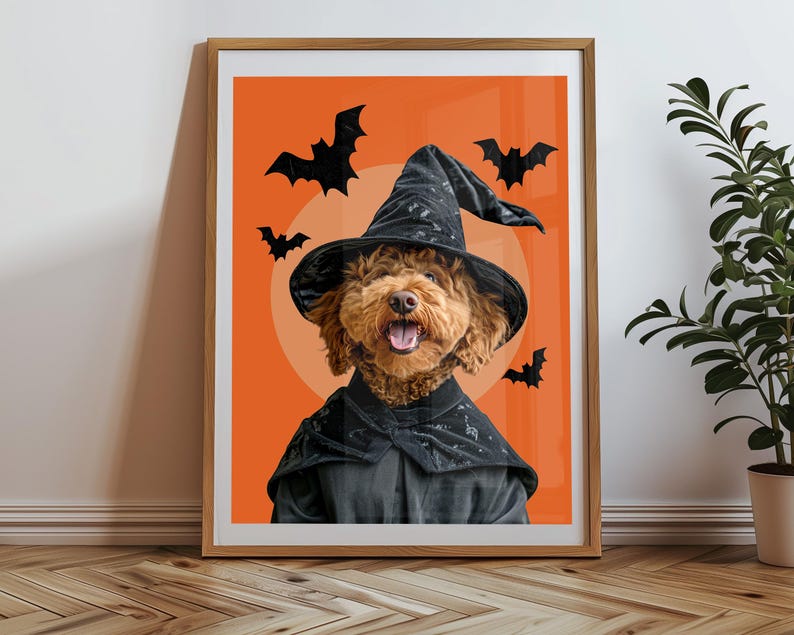May include: A brown dog wearing a black witch hat and a black cape with a bright orange background and black bats.
